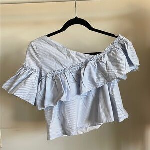 Zara Blue Asymmetrical Ruffled Crop Blouse